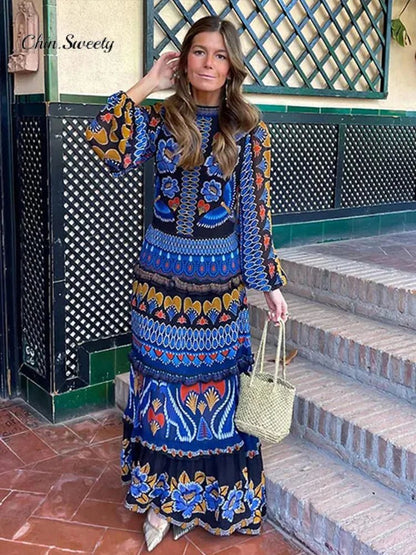 Fashion Print Patchwork Women Party Dress Elegant Lantern Sleeve Stand Collar Female Dresses 2024 Spring Summer Empire Lady Robe - Jaazi International