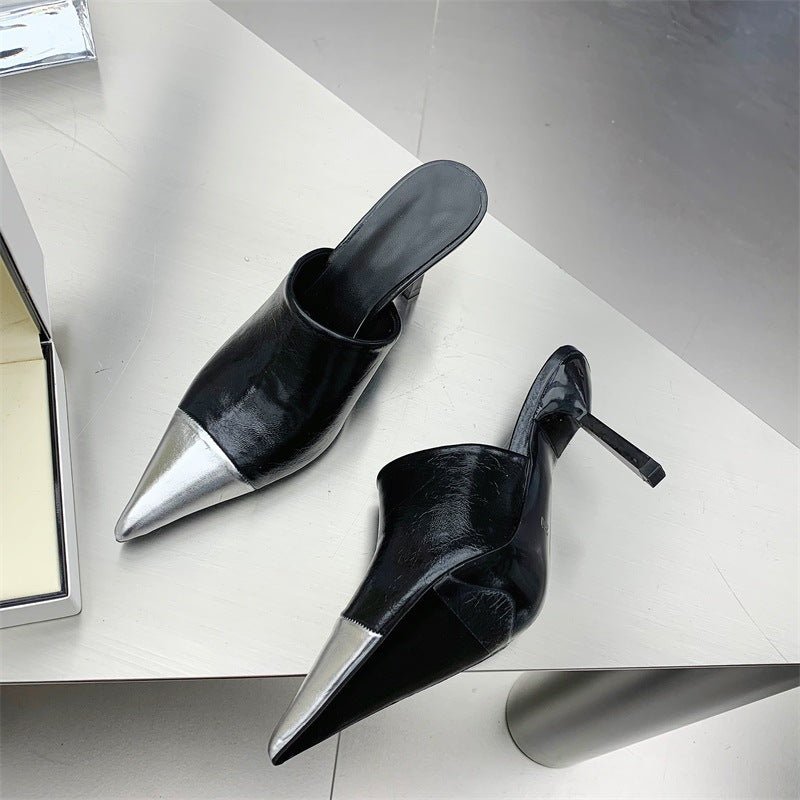 Fashion Silver Women Slippers Thin Low Heels Pointed Toe Design Slip On Summer Mules Slides Shoes - Jaazi International