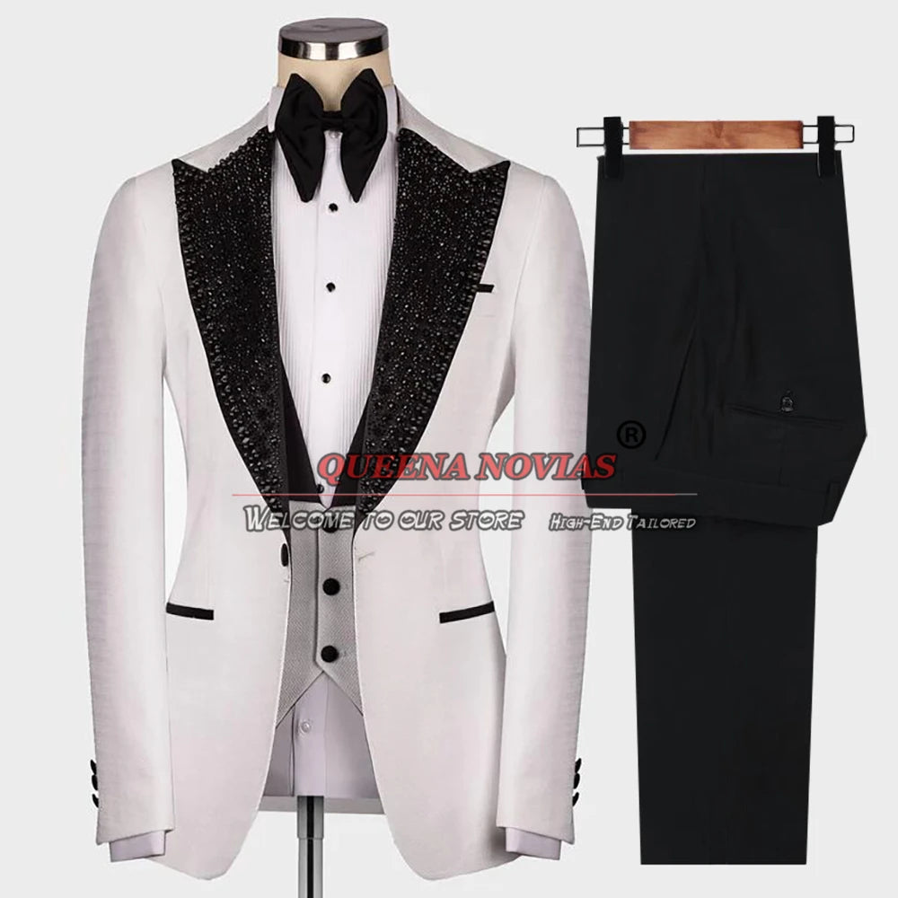 Black Groom Wedding Suits For Men Luxury Crystals Beading Jacket Vest Pants 3 Pieces Prom Tuxedos Tailor-Made Male Clothing 2024