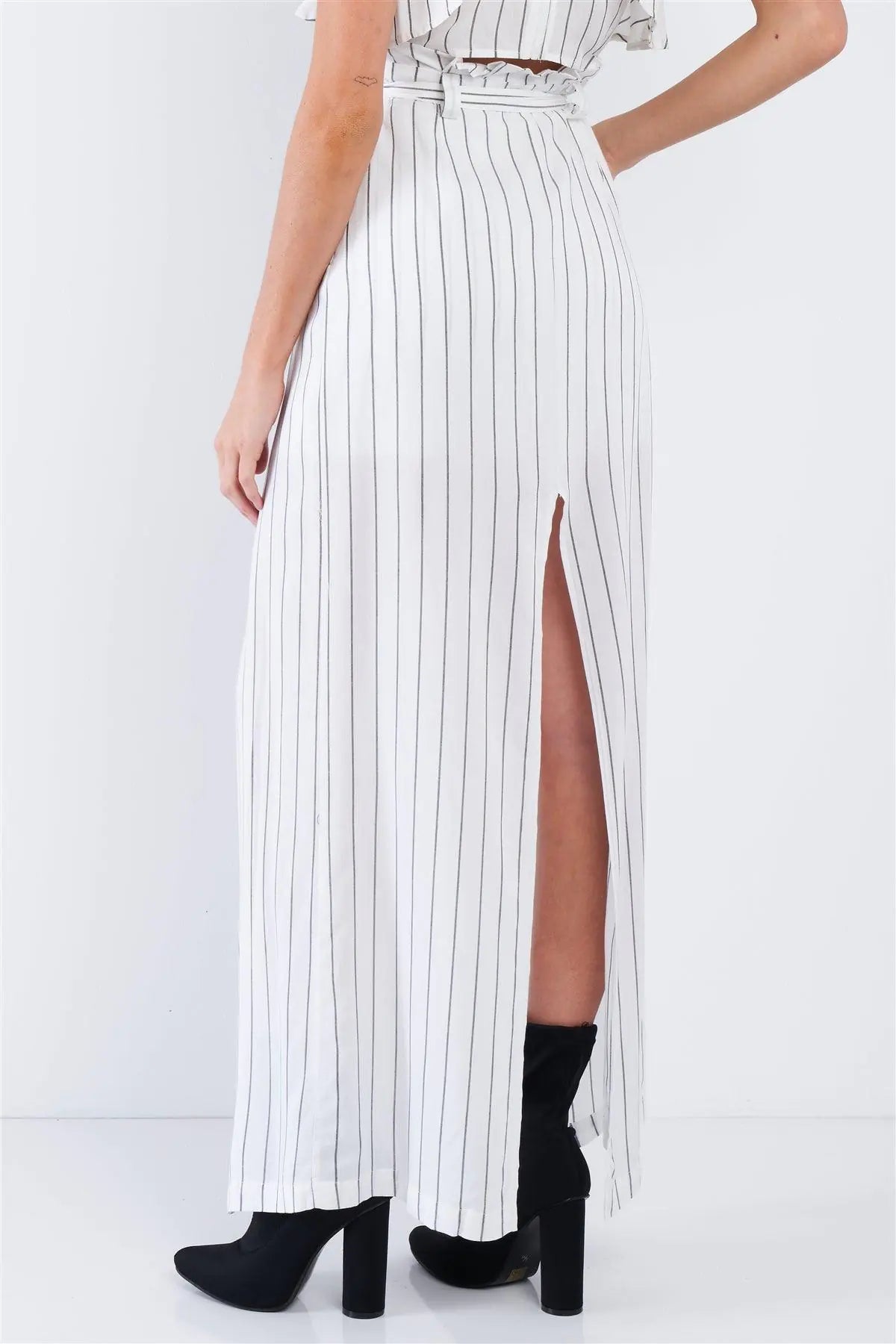 White & Grey Stripe Halter Crop Top and High Waist Frill Mock Maxi Skirt Skort Set  /2-2-2