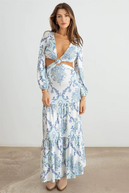 Paisley Criss-Cross O-Ring Open Back Maxi Dress