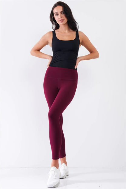 Wine Red Mid-Rise Inner Waist Pocket Detail Tight Fit Soft Yoga & Work Out Legging Pants /1-2-2-1