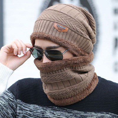 [Hat + Scarf] Korean Style Autumn And Winter Velvet Thickened Warm Knitted Woolen Hat Men&#039;s Outdoor Pullover Hat - Jaazi Intl