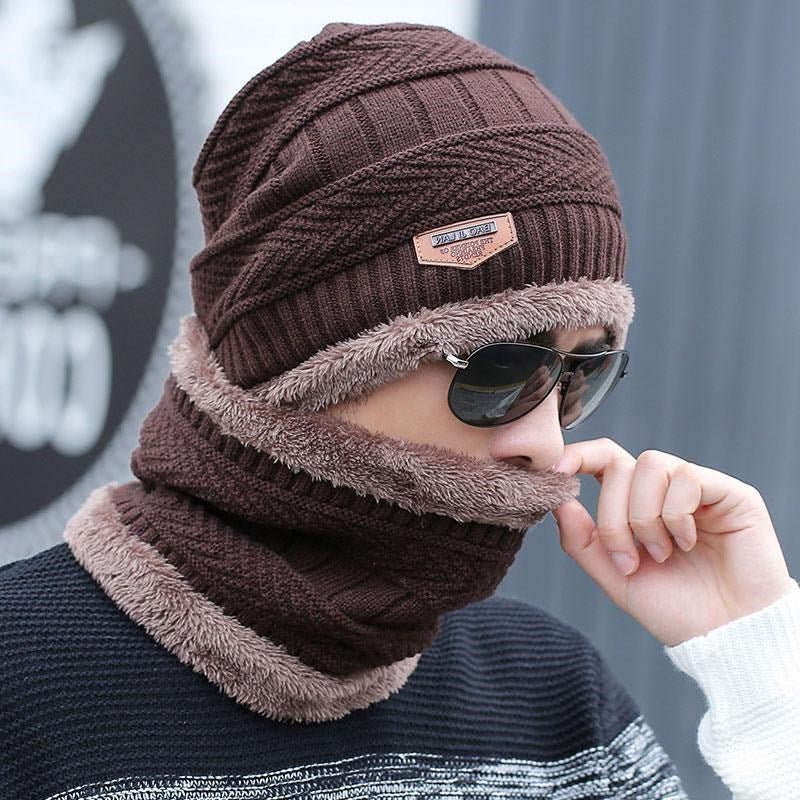 [Hat + Scarf] Korean Style Autumn And Winter Velvet Thickened Warm Knitted Woolen Hat Men&#039;s Outdoor Pullover Hat - Jaazi Intl