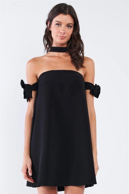 Solid Black Bow Tie T-Silhouette Back Halter Tie Ribbon Tie Sleeve Relaxed Fit Tunic Tube Mini Dress With Elastic Chest Hem /1-2-2-1