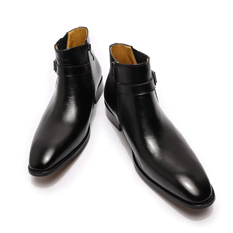 Men's Italian Leather Dress Boots With Zipper & Buckle