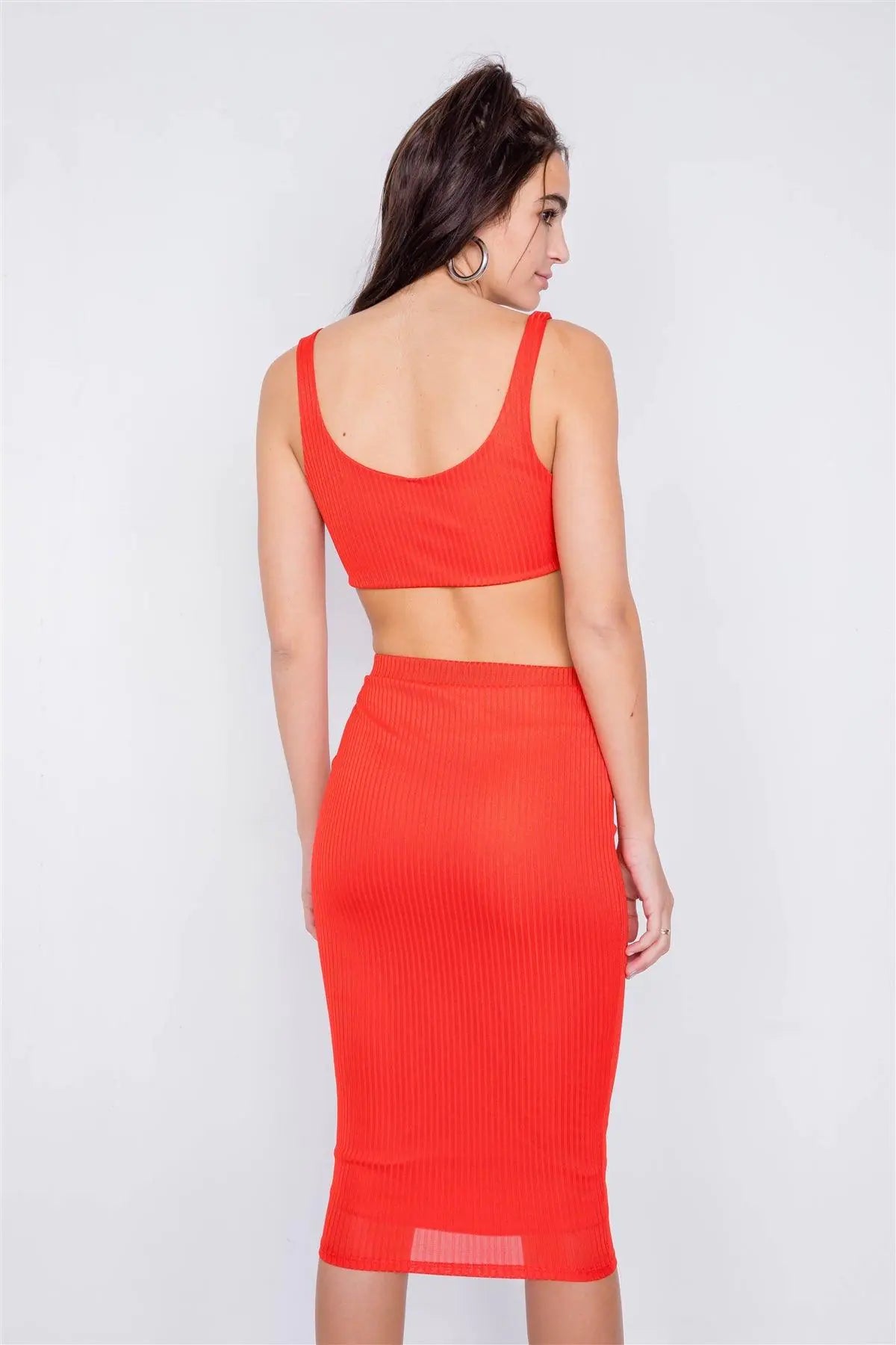 Orange Ribbed Square Neck Crop Top & Mini Bodycon Skirt Set /3-2-1