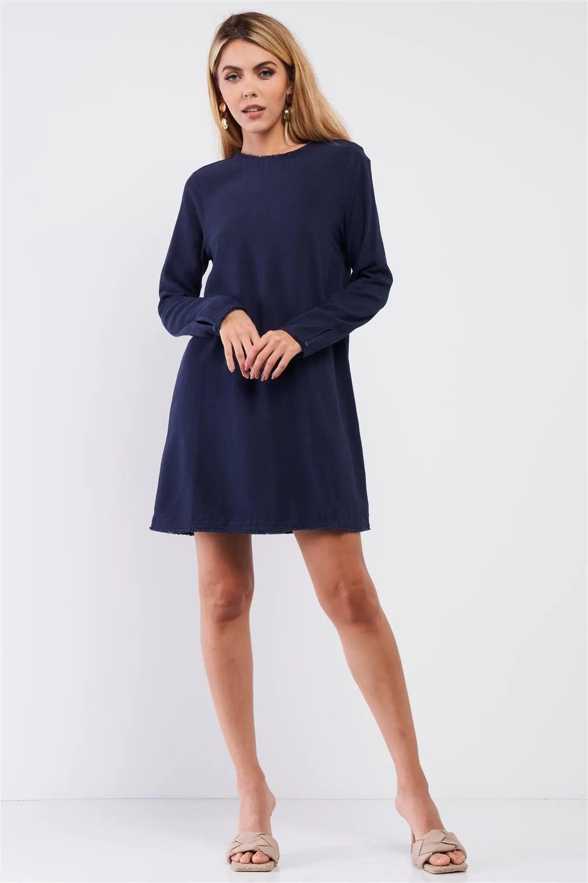 Plain Eco Navy Blue Linen Shredded Hem Detail Round Neck Relaxed Fit Long Sleeve Mini Dress