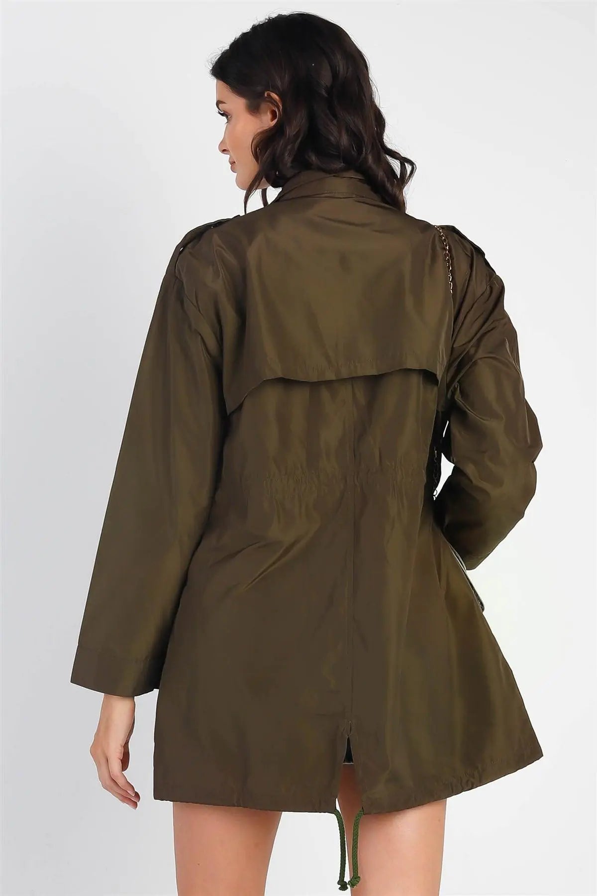 Olive Glossy Drawstring Trim Button-Down Coach Rain Coat Jacket /1-2-2