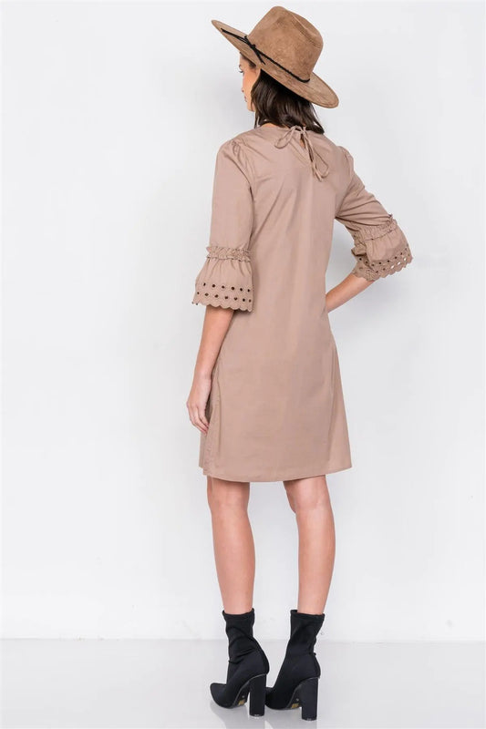 Taupe Scallop Eyelet Trim 3/4 Sleeve Vintage Mini Shift Dress  /2-2-2