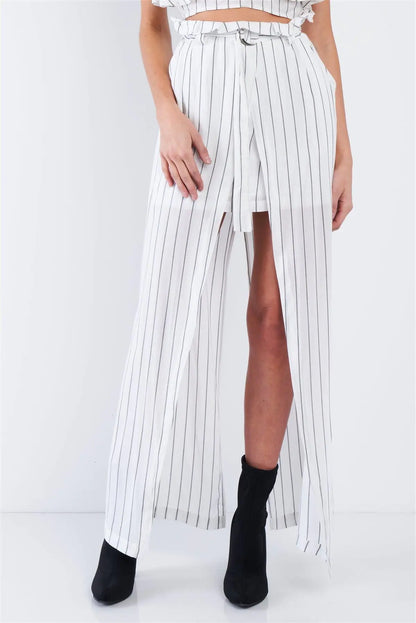 White & Grey Stripe Halter Crop Top and High Waist Frill Mock Maxi Skirt Skort Set  /2-2-2