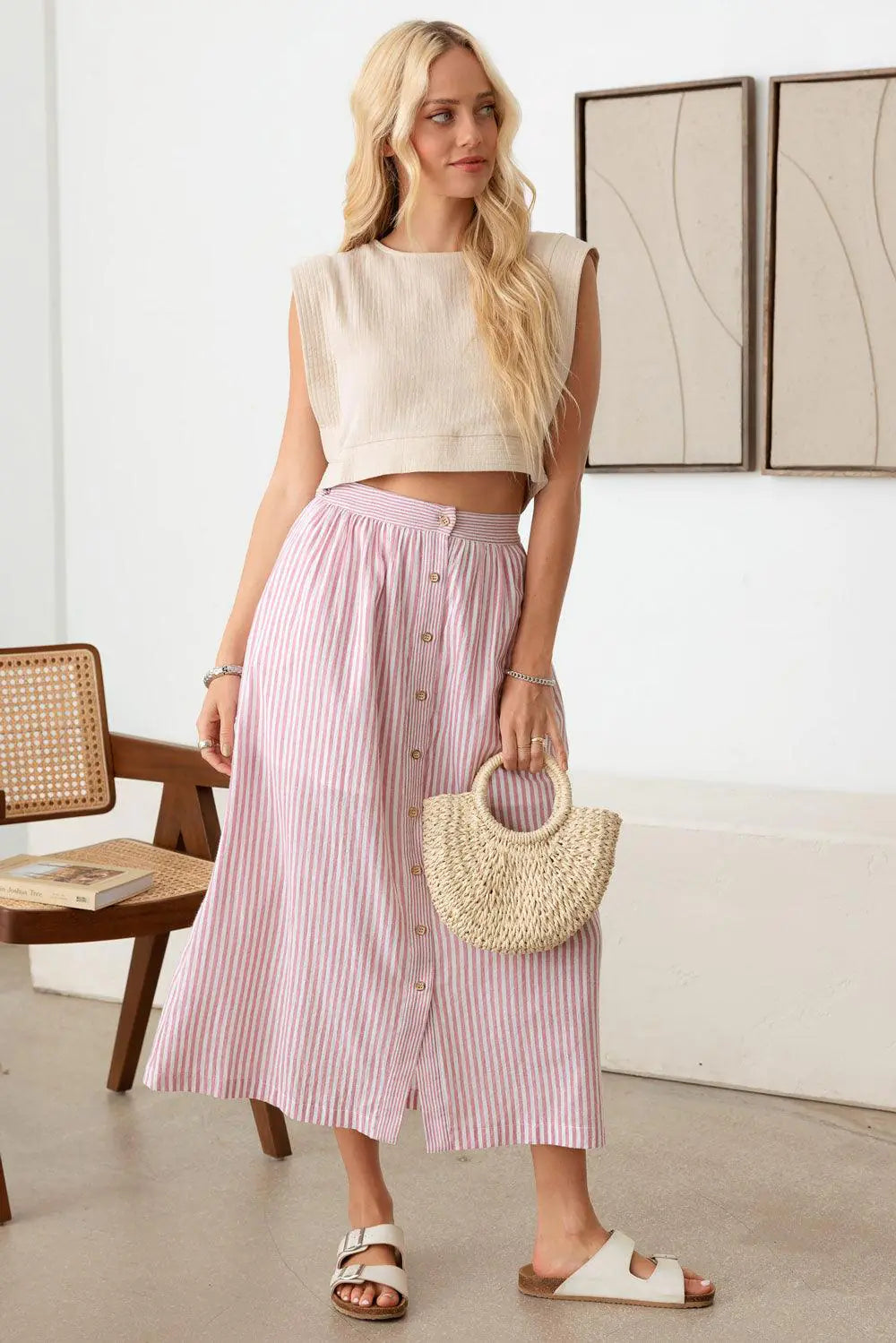 Patio Stripe Button Down Maxi Skirt