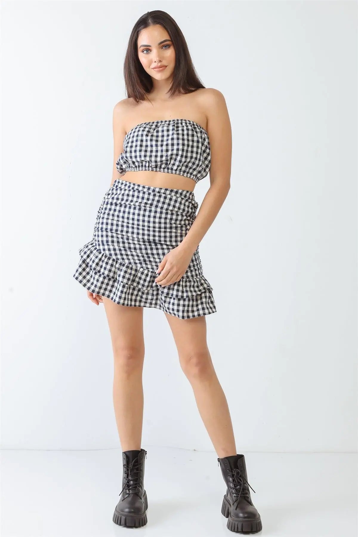 Plaid Strapless Crop Top & High Waist Flare Hem Mini Skirt Set