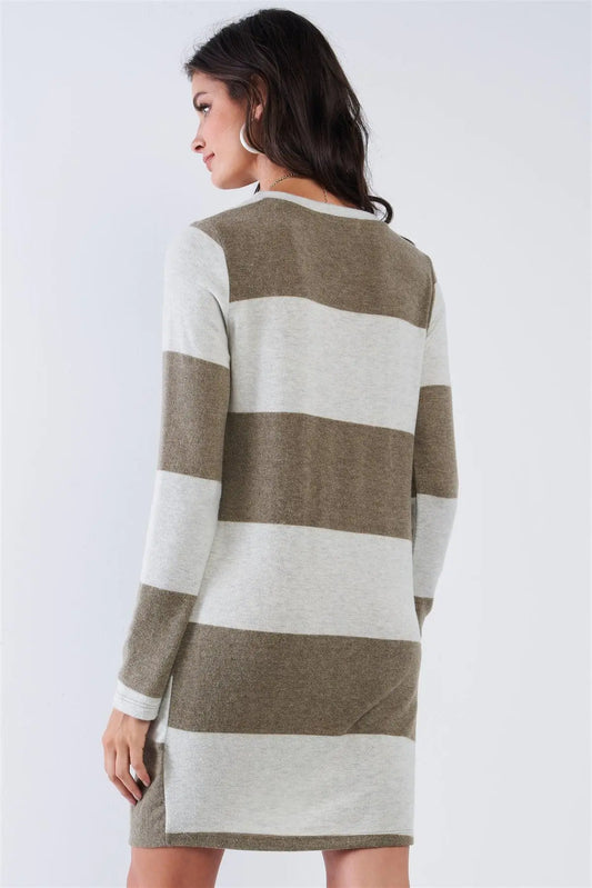 Olive Plush Soft Large Horizontal Stripe Round Neck Long Sleeve Front Swirl Tie Detail Mini Top Dress /2-2