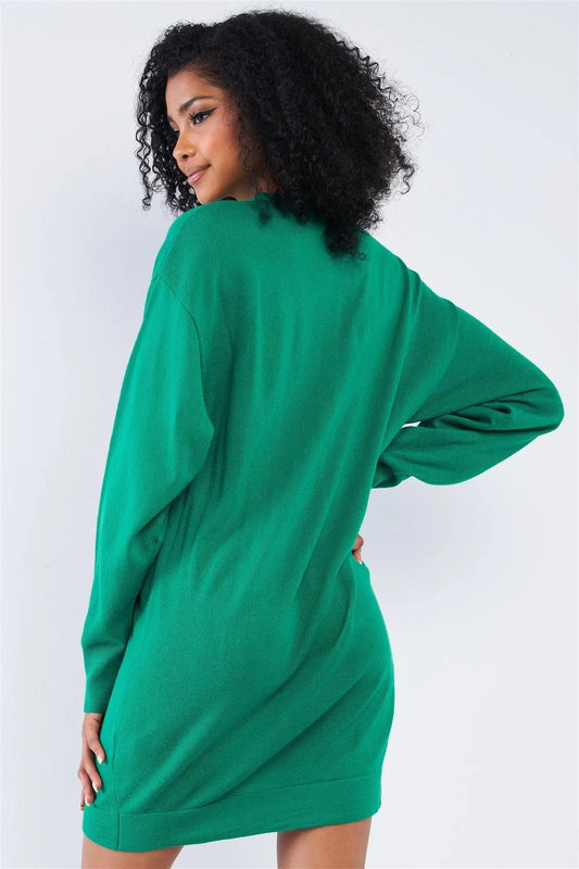 Noteworthy Green Multi Color Patch Loose Fit Crew-Neck Long Sleeve Oversized Tunic Sweater Mini Dress /4-2