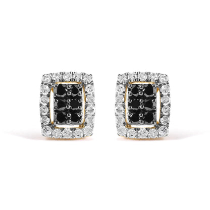 Men's 10K Yellow Gold 1.00 Cttw White and Black Diamond Emerald Shape Halo Stud Earring (Black / I-J Color, I2-I3 Clarity)