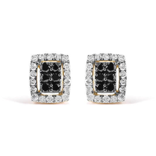 Men's 10K Yellow Gold 1.00 Cttw White and Black Diamond Emerald Shape Halo Stud Earring (Black / I-J Color, I2-I3 Clarity)