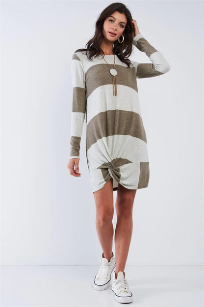 Olive Plush Soft Large Horizontal Stripe Round Neck Long Sleeve Front Swirl Tie Detail Mini Top Dress /2-2