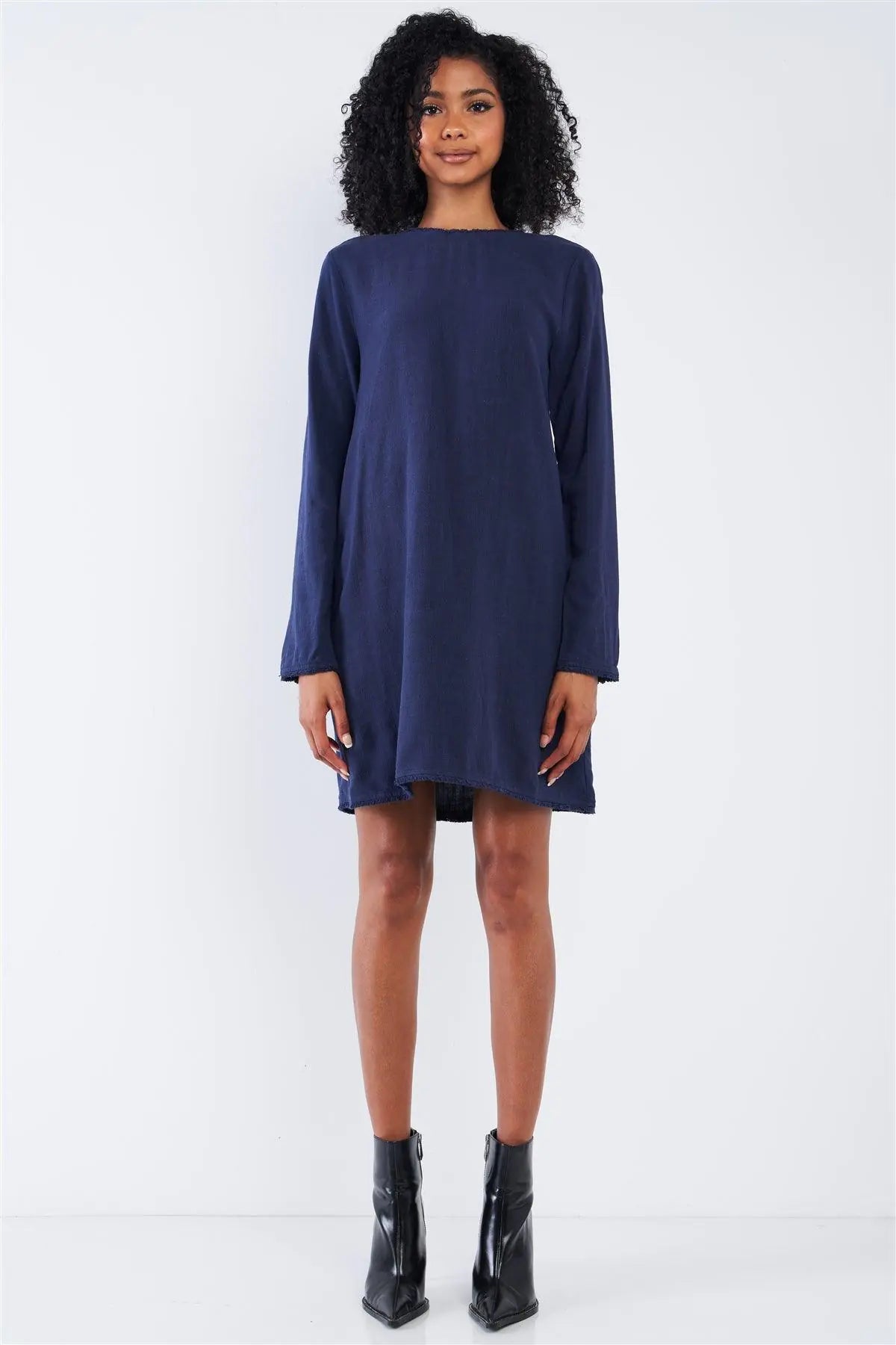 Plain Navy Blue Linen Shredded Detail Hem Round Neck Relaxed Fit Long Sleeve Mini Dress /1-2-2-1