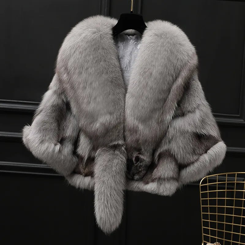 Winter Cloak Warm Women Cardigan big real Fox Fur Collar Cape Fashion Solid Poncho With medium Fur Sleeves Evening dress shaw - Jaazi Intl