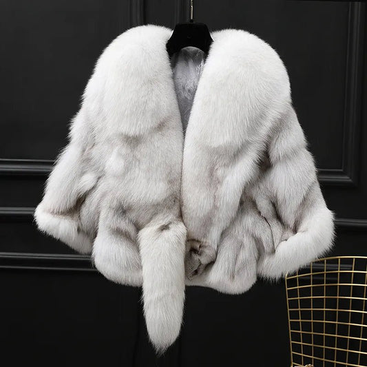 Winter Cloak Warm Women Cardigan big real Fox Fur Collar Cape Fashion Solid Poncho With medium Fur Sleeves Evening dress shaw - Jaazi Intl