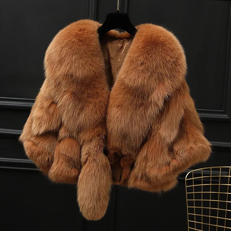 Winter Cloak Warm Women Cardigan big real Fox Fur Collar Cape Fashion Solid Poncho With medium Fur Sleeves Evening dress shaw - Jaazi Intl