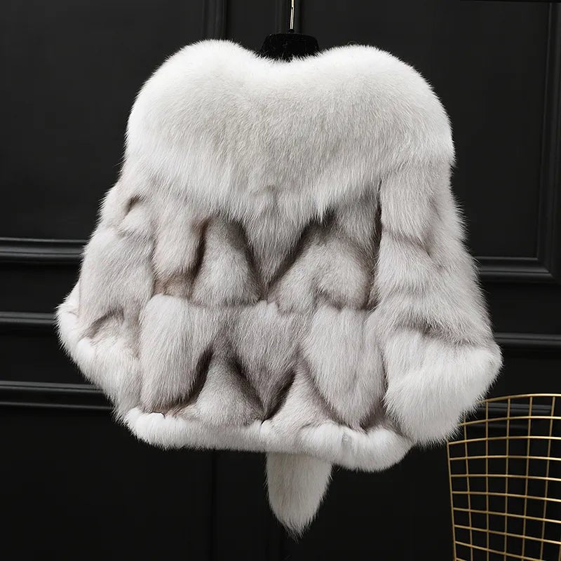 Winter Cloak Warm Women Cardigan big real Fox Fur Collar Cape Fashion Solid Poncho With medium Fur Sleeves Evening dress shaw - Jaazi Intl