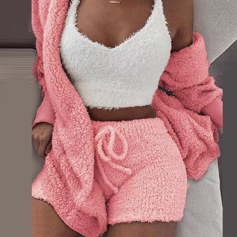 Winter Sexy Women Home Wear Suit Casual Pajamas Set Lady Female Soft Warm Long Sleeve Exposed Navel Vest Shorts Set - Jaazi Intl