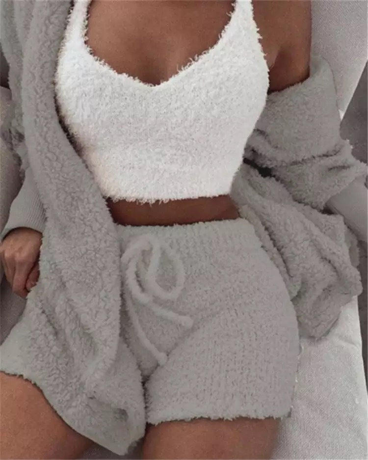 Winter Sexy Women Home Wear Suit Casual Pajamas Set Lady Female Soft Warm Long Sleeve Exposed Navel Vest Shorts Set - Jaazi Intl