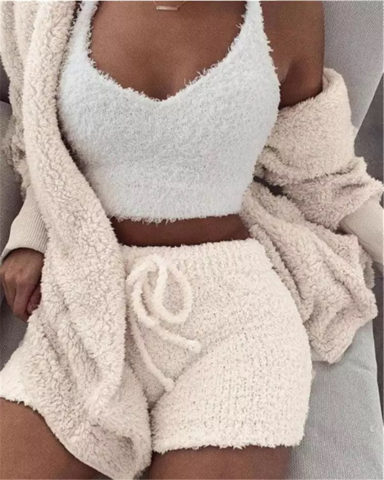 Winter Sexy Women Home Wear Suit Casual Pajamas Set Lady Female Soft Warm Long Sleeve Exposed Navel Vest Shorts Set - Jaazi Intl