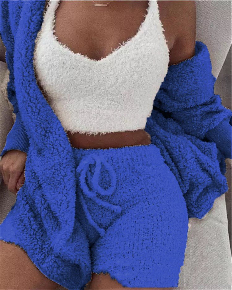 Winter Sexy Women Home Wear Suit Casual Pajamas Set Lady Female Soft Warm Long Sleeve Exposed Navel Vest Shorts Set - Jaazi Intl