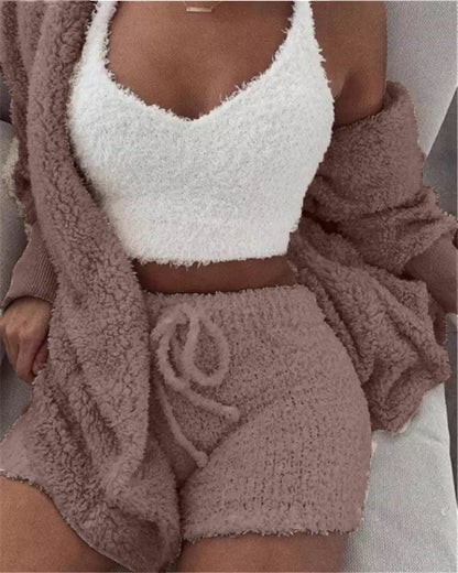 Winter Sexy Women Home Wear Suit Casual Pajamas Set Lady Female Soft Warm Long Sleeve Exposed Navel Vest Shorts Set - Jaazi Intl