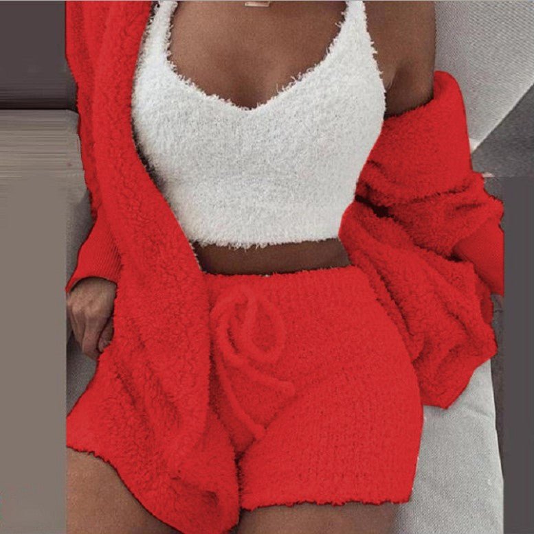 Winter Sexy Women Home Wear Suit Casual Pajamas Set Lady Female Soft Warm Long Sleeve Exposed Navel Vest Shorts Set - Jaazi Intl