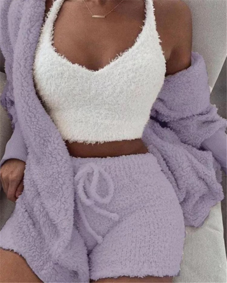 Winter Sexy Women Home Wear Suit Casual Pajamas Set Lady Female Soft Warm Long Sleeve Exposed Navel Vest Shorts Set - Jaazi Intl