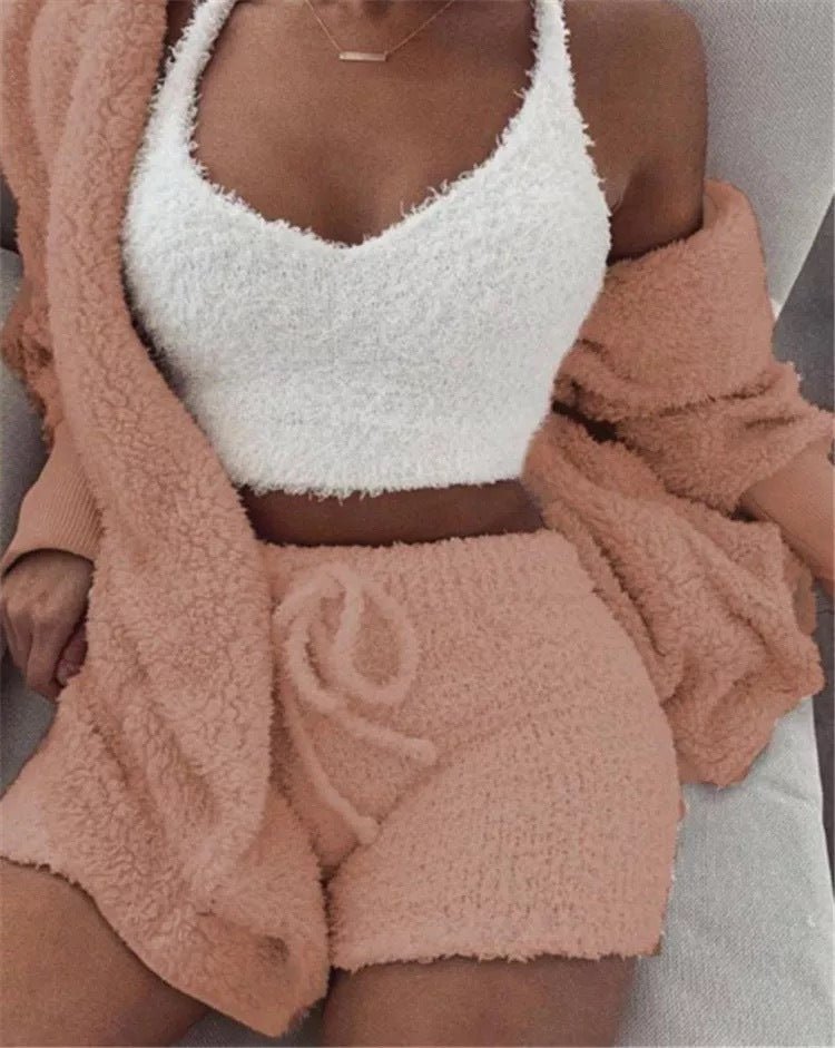 Winter Sexy Women Home Wear Suit Casual Pajamas Set Lady Female Soft Warm Long Sleeve Exposed Navel Vest Shorts Set - Jaazi Intl