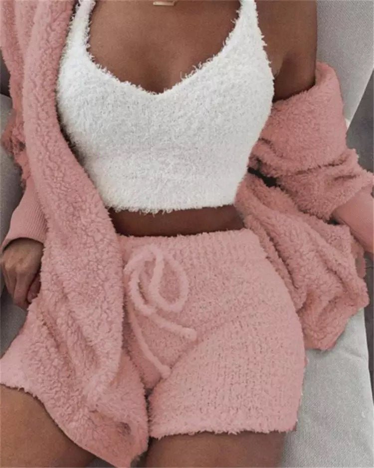 Winter Sexy Women Home Wear Suit Casual Pajamas Set Lady Female Soft Warm Long Sleeve Exposed Navel Vest Shorts Set - Jaazi Intl