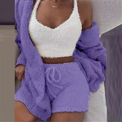 Winter Sexy Women Home Wear Suit Casual Pajamas Set Lady Female Soft Warm Long Sleeve Exposed Navel Vest Shorts Set - Jaazi Intl