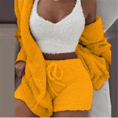 Winter Sexy Women Home Wear Suit Casual Pajamas Set Lady Female Soft Warm Long Sleeve Exposed Navel Vest Shorts Set - Jaazi Intl