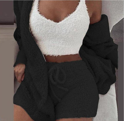 Winter Sexy Women Home Wear Suit Casual Pajamas Set Lady Female Soft Warm Long Sleeve Exposed Navel Vest Shorts Set - Jaazi Intl