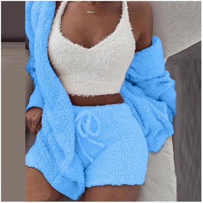 Winter Sexy Women Home Wear Suit Casual Pajamas Set Lady Female Soft Warm Long Sleeve Exposed Navel Vest Shorts Set - Jaazi Intl