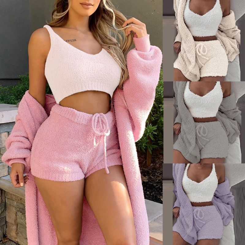 Winter Sexy Women Home Wear Suit Casual Pajamas Set Lady Female Soft Warm Long Sleeve Exposed Navel Vest Shorts Set - Jaazi Intl