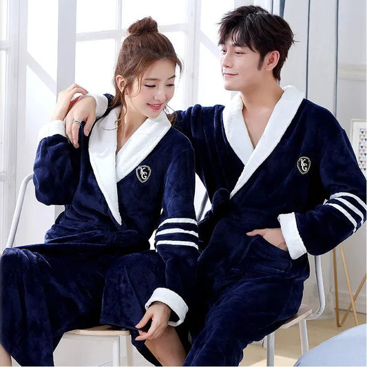 Winter Thick Warm Female Coral Fleece Kimono Robe Lovers Couple Nightgown Bath Gown Sleepwear Men Large Nightwear M L XL XXL 3XL - Jaazi Intl