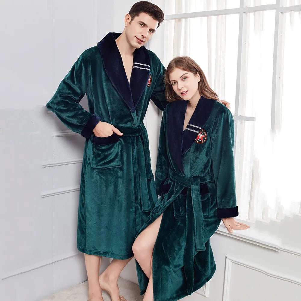 Winter Warm Couple Flannel Robe Sleepwear Loose Casual Kimono Bathrobe Gown Thick Coral Fleece Women Nightwear Nightgown 3XL - Jaazi Intl