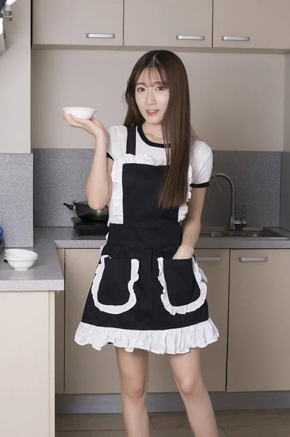 Women Kitchen Apron White Cotton Japanese Style Elegant Ruffled Adult Cosplay Avental Tablier de Cuisine Pinafore Short Apron - Jaazi Intl