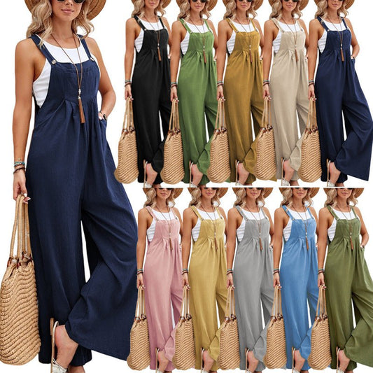 Women Long Bib Pants Overalls Casual Loose Rompers Jumpsuits With Pockets - Jaazi Intl