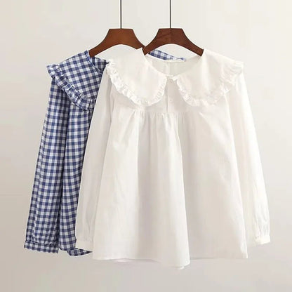 Women Plaid Shirt Long Sleeve Spring Summer Tops Ladies Japanese Mori Girl Peter pan Collar Cute Baby doll Cotton White Blouses - Jaazi Intl