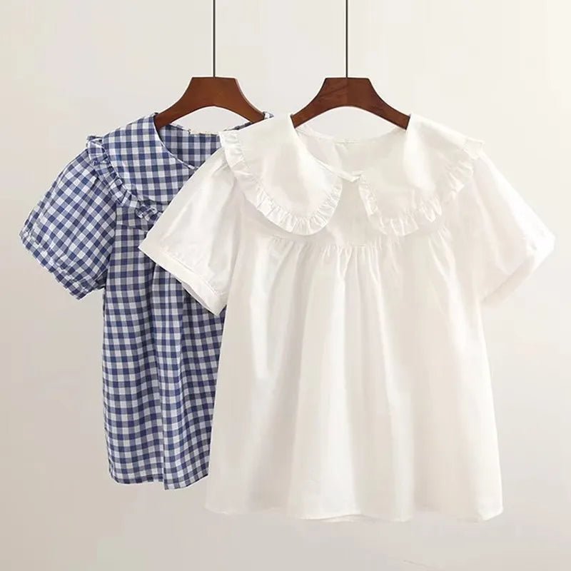 Women Plaid Shirt Long Sleeve Spring Summer Tops Ladies Japanese Mori Girl Peter pan Collar Cute Baby doll Cotton White Blouses - Jaazi Intl