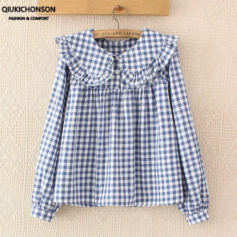 Women Plaid Shirt Long Sleeve Spring Summer Tops Ladies Japanese Mori Girl Peter pan Collar Cute Baby doll Cotton White Blouses - Jaazi Intl