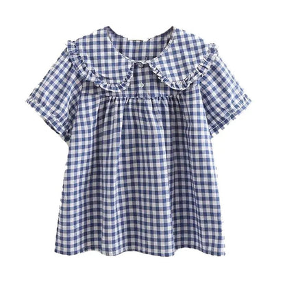 Women Plaid Shirt Long Sleeve Spring Summer Tops Ladies Japanese Mori Girl Peter pan Collar Cute Baby doll Cotton White Blouses - Jaazi Intl