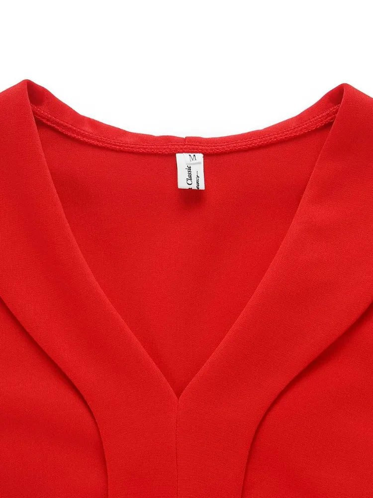 Women Red A Line Dress Office Ladies Elegant Pleated V Neck Three quater Sleeves Knee Length Vestidoes Elastic Big Size Female - Jaazi Intl